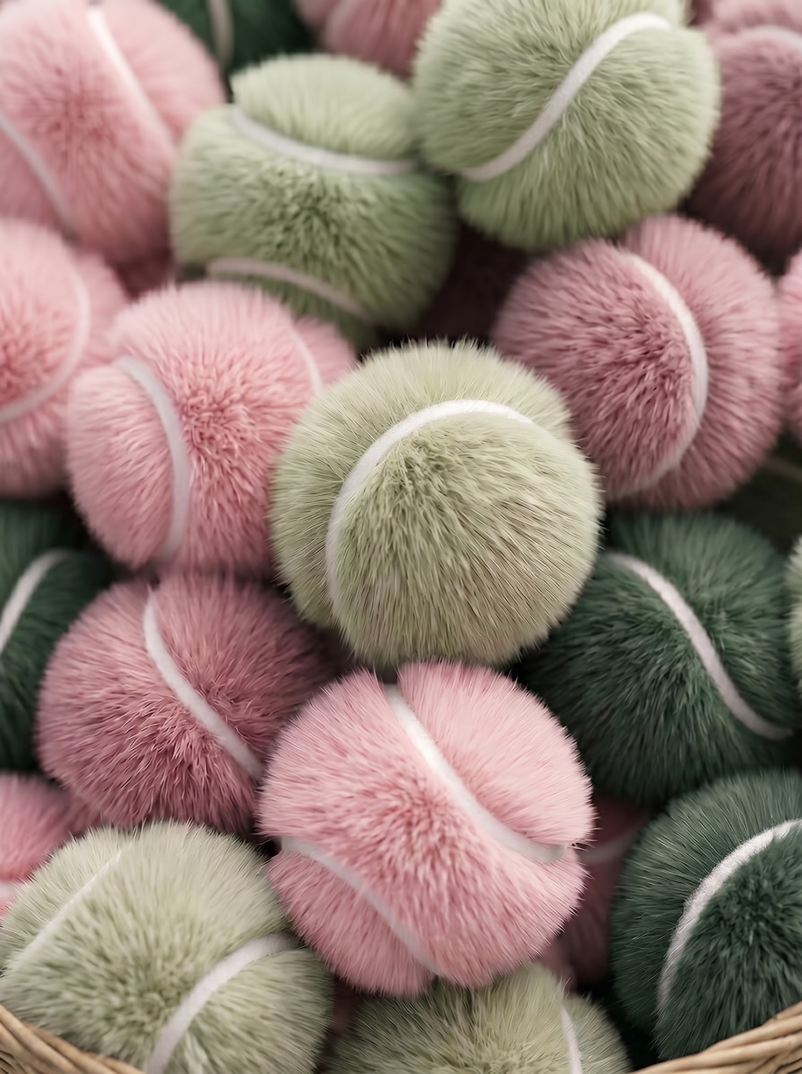 A pile of fuzzy pink, green and mauve tennis balls