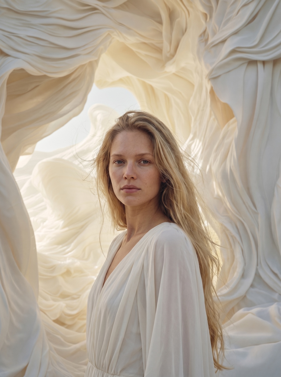 Portrait among folds of ivory fabric