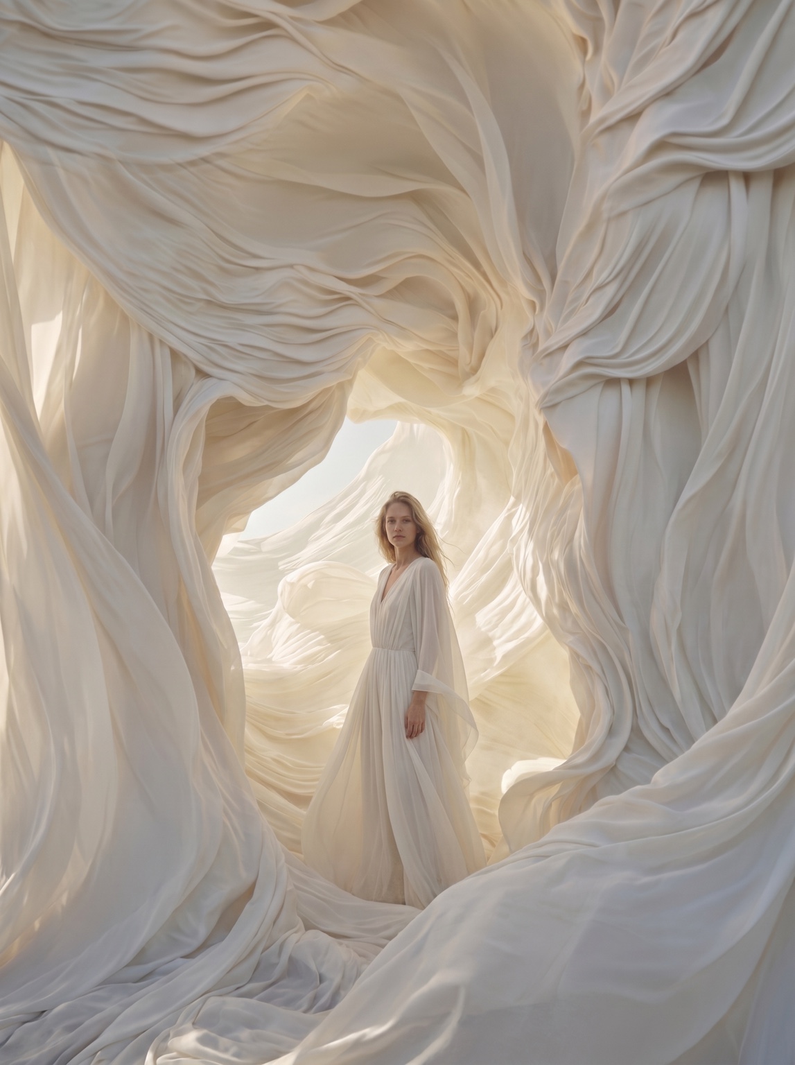 Small figure within sculptural ivory fabric