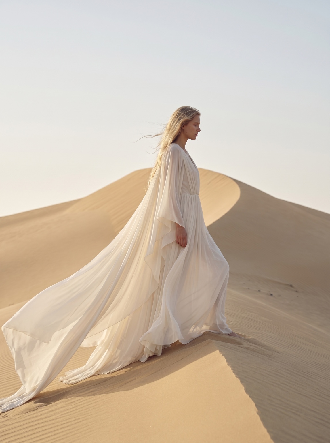 Flowing ivory dress crossing a sunlit desert