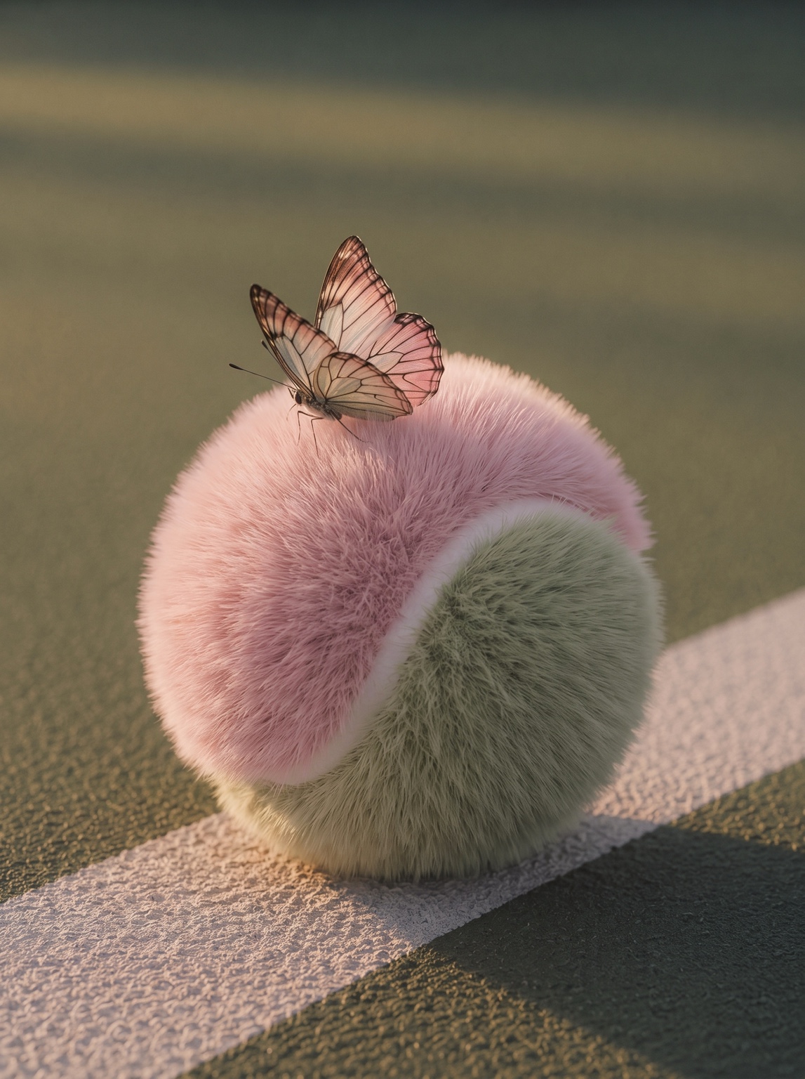 A butterfly resting on a pastel fuzzy tennis ball