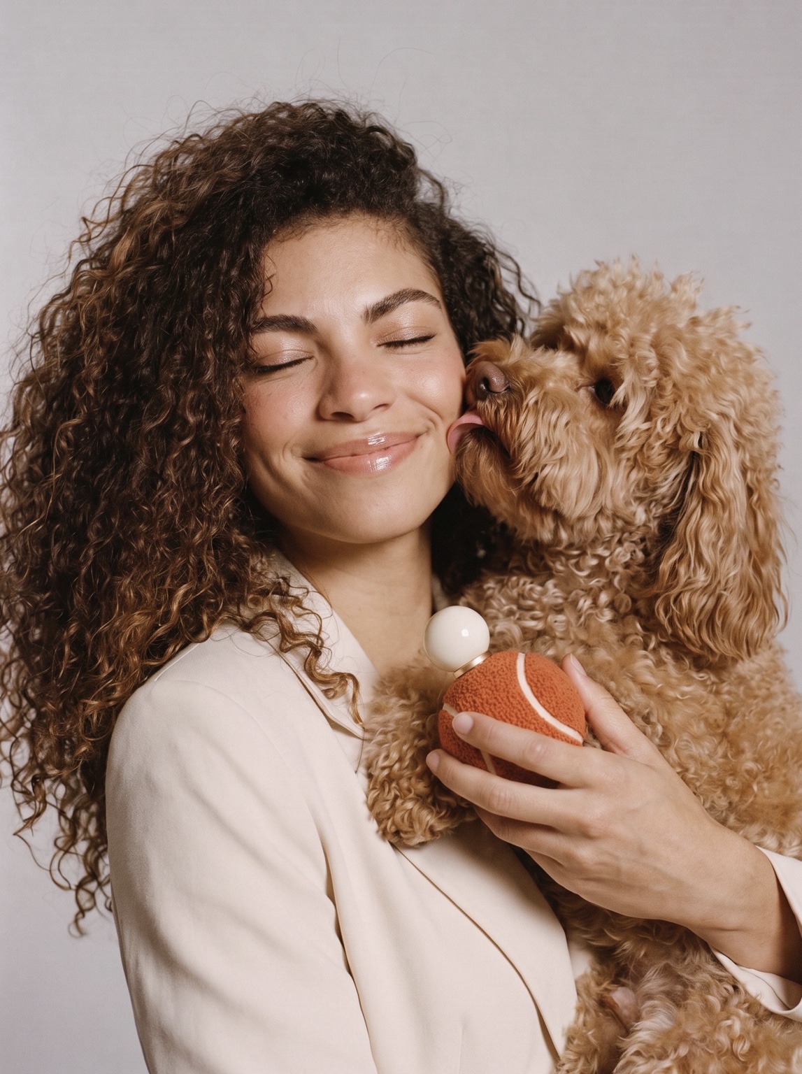 Woman holding a curly dog and an orange bottle