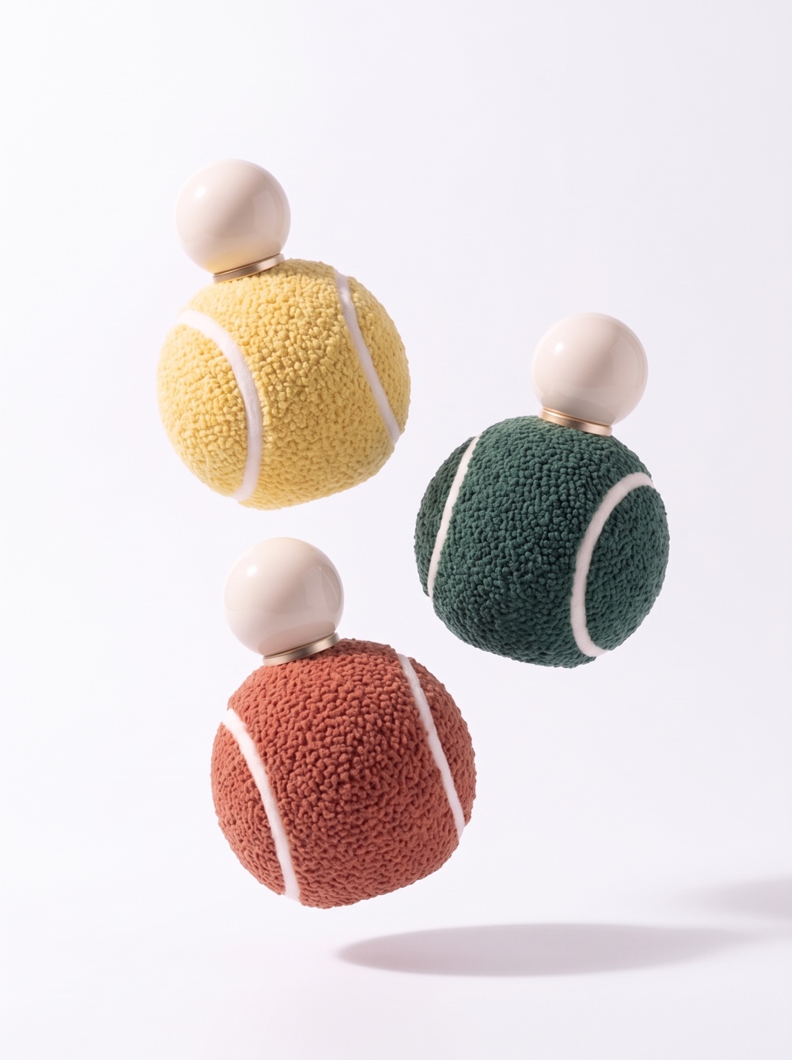 Three colorful textured spherical bottles floating on a white background