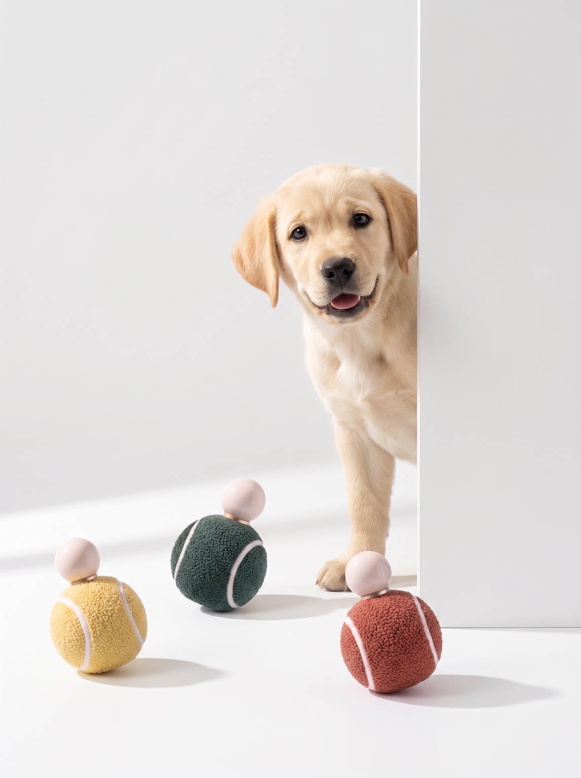 Puppy peeking around a wall beside three colorful spherical bottles