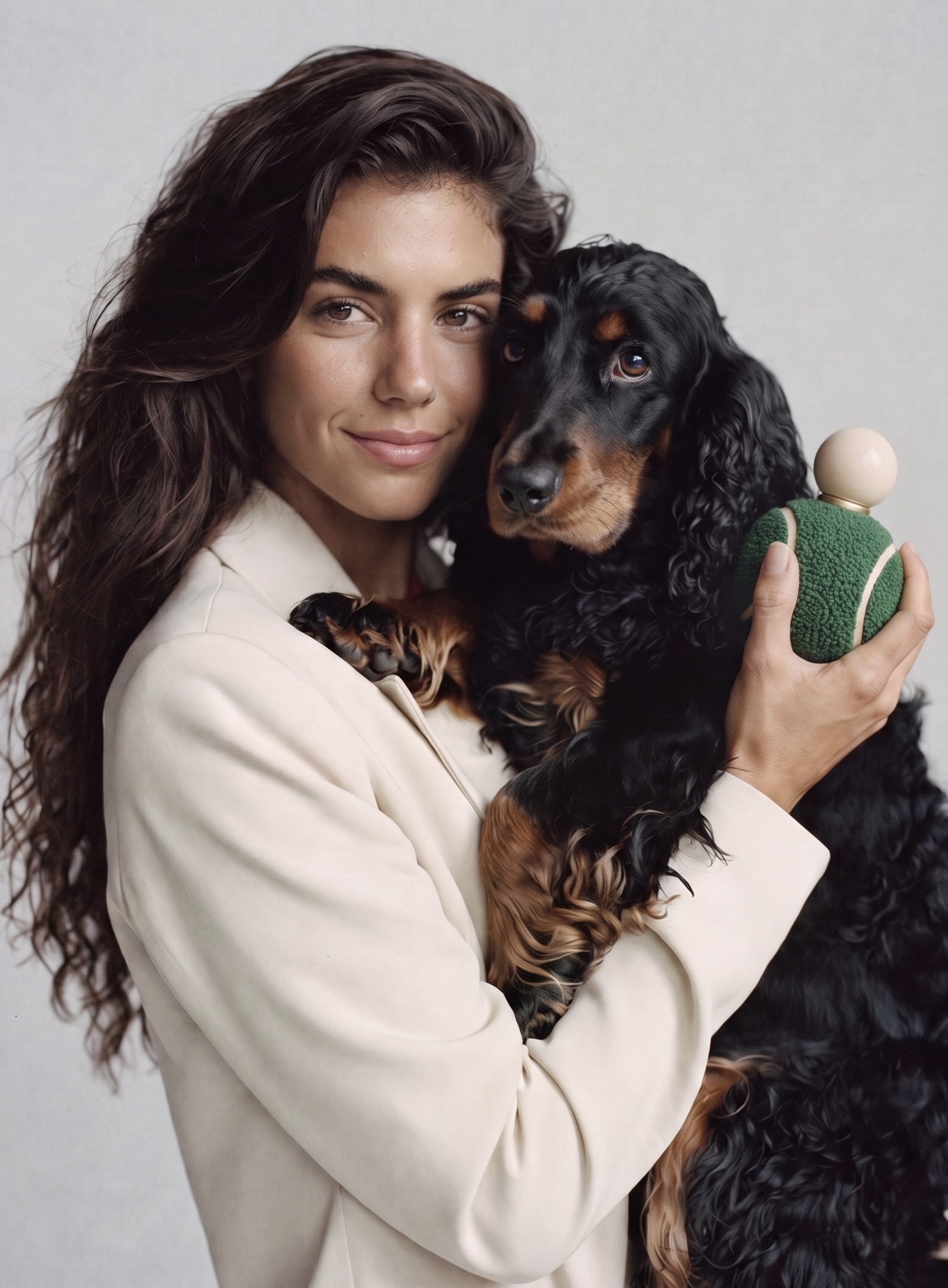 Portrait of a woman holding a black spaniel and a green bottle