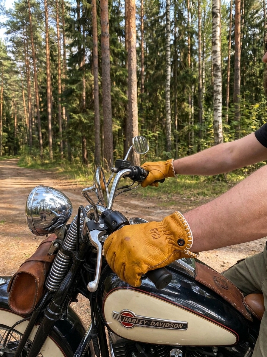 Leather gloved hands on a motorcycle in a pine forest