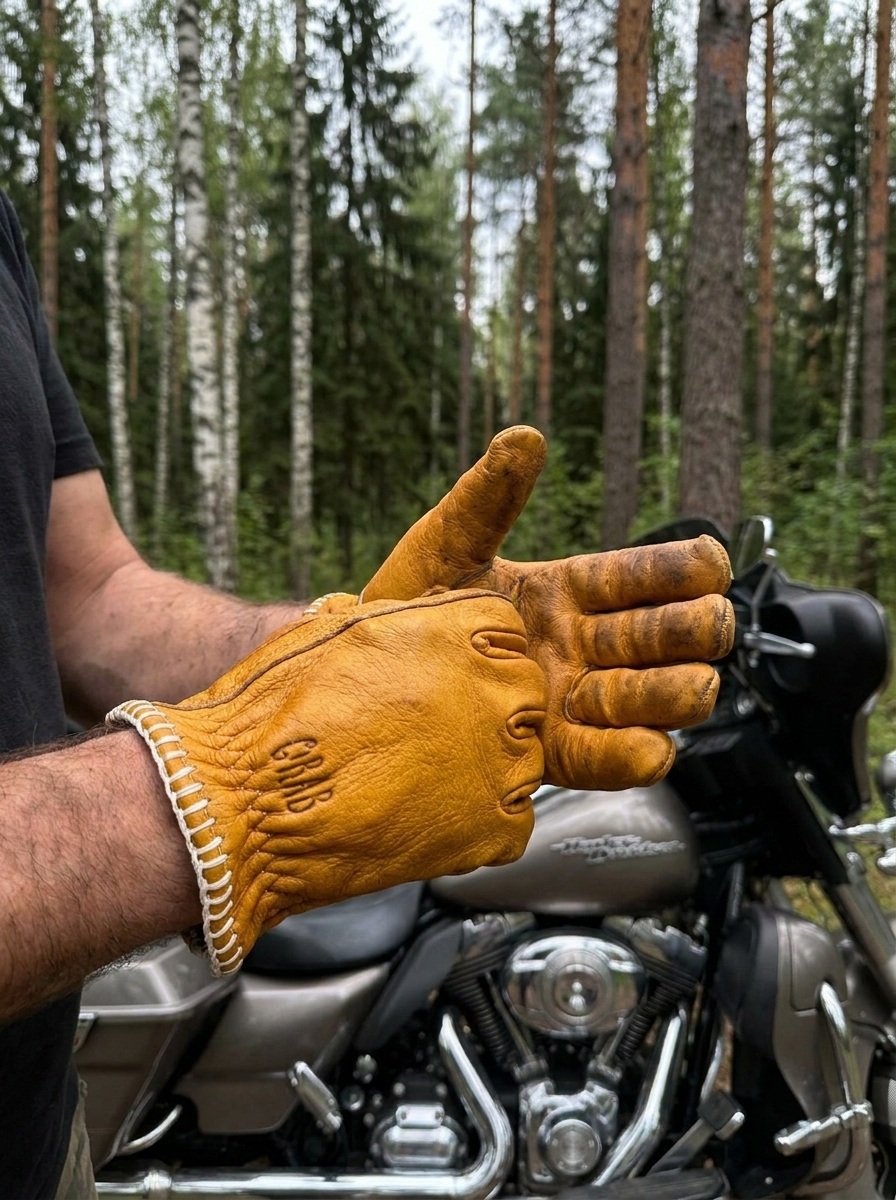 Detail of yellow leather gloves beside a motorcycle