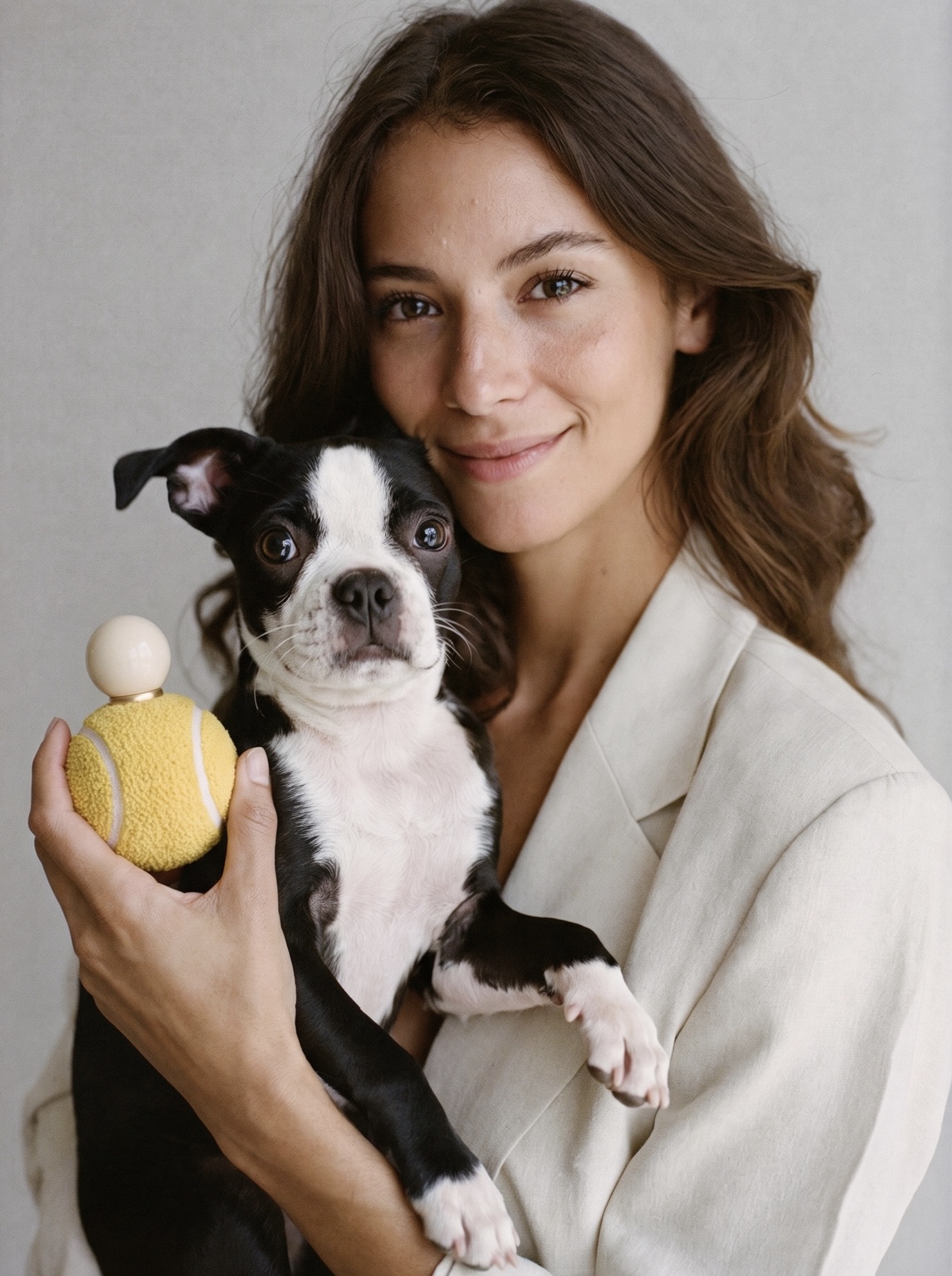 Woman holding a black and white Boston terrier and a yellow bottle