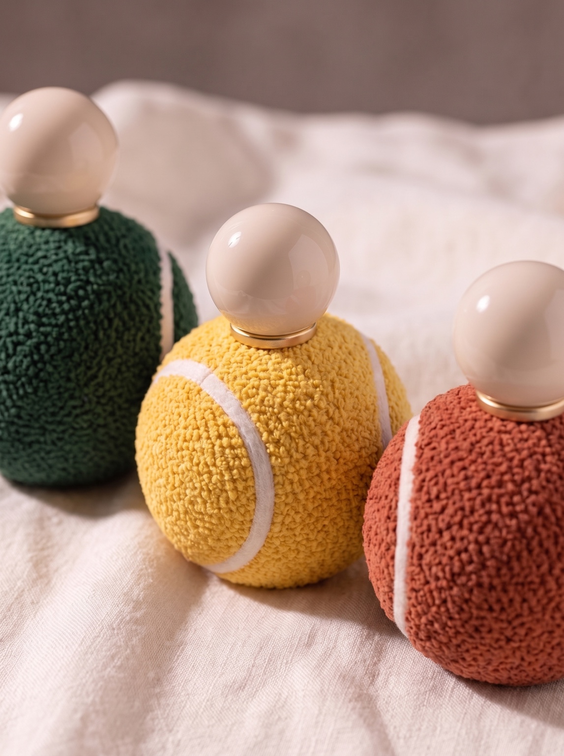 Green, yellow and terracotta textured bottles on cream fabric