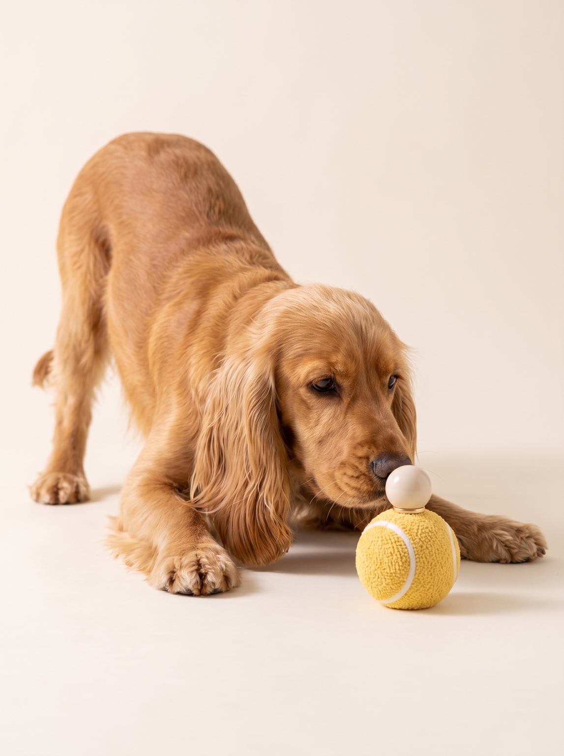 Golden spaniel smelling a yellow textured bottle