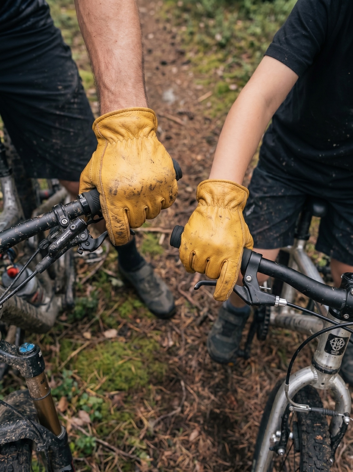 Two cyclists wearing yellow leather gloves, hands on bicycle handlebars