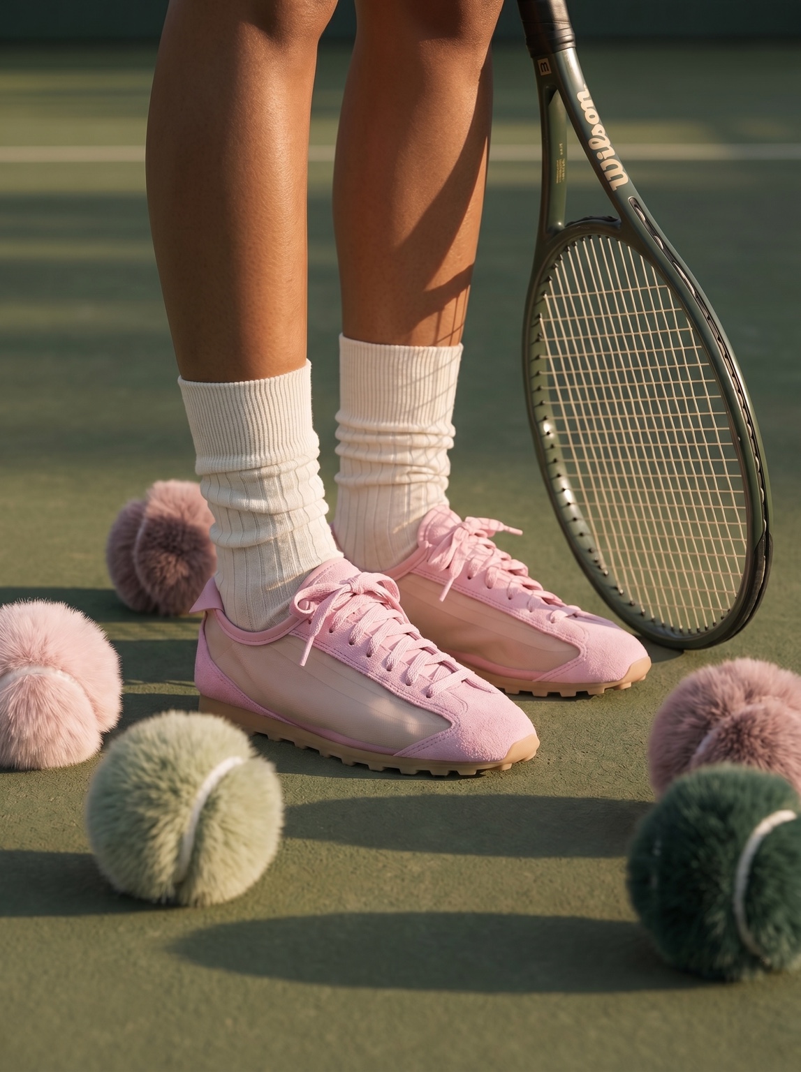 Pink trainers, tennis racket and fuzzy balls on a court