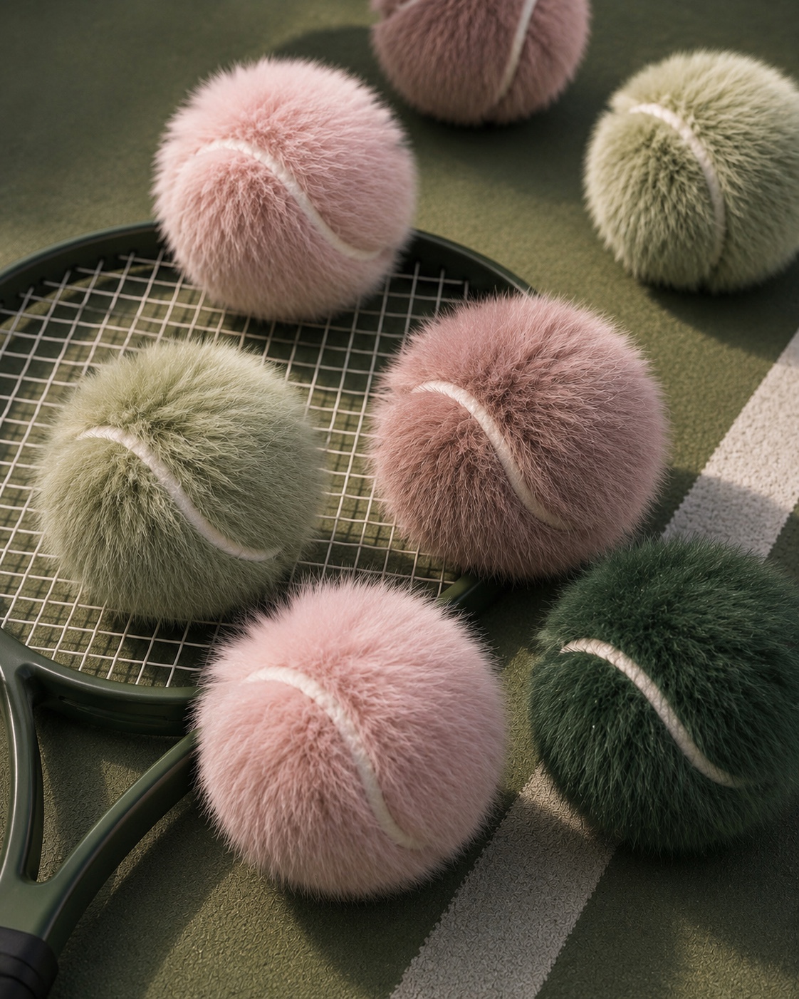Close view of plush tennis balls resting on a racket
