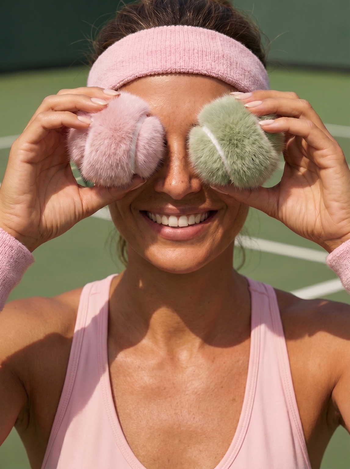 Tennis player holding pink and green plush balls in front of her eyes