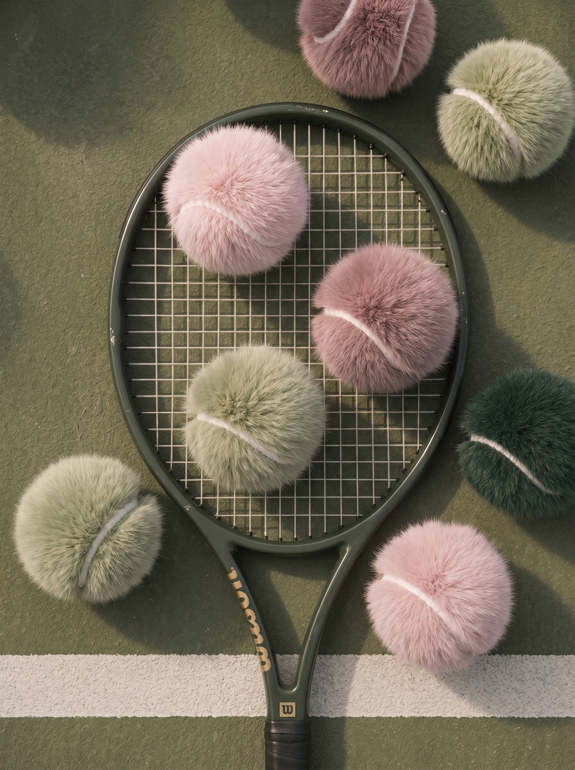 Fuzzy tennis balls scattered over a racket on a green court