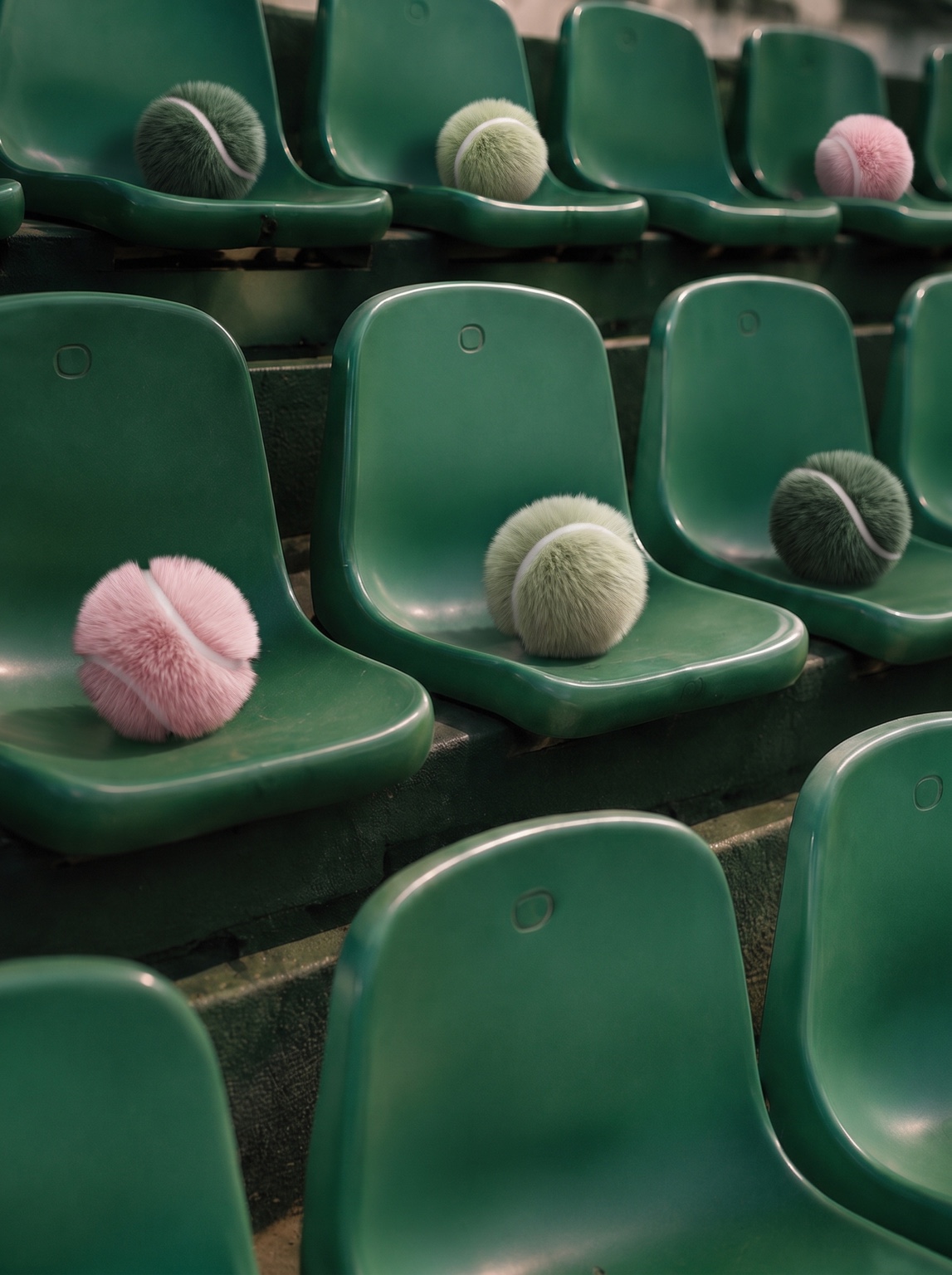 Fuzzy balls scattered over green stadium seats